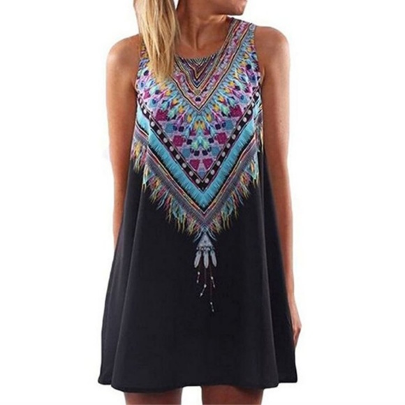 Shein Dresses & Skirts - NWOT Black Feather Tribal Shift Dress